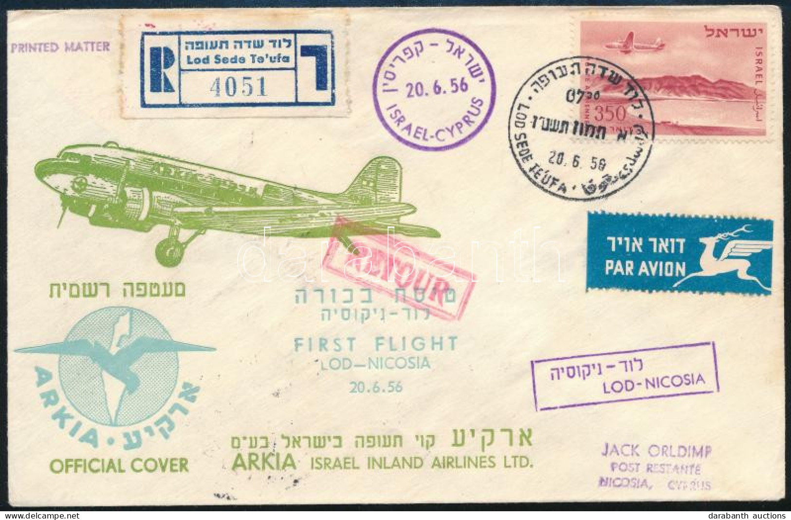 1956 Első Repülés Ajánlott Levél Izrael-Ciprus / First Flight Registered Cover Israel-Cyprus - Autres & Non Classés