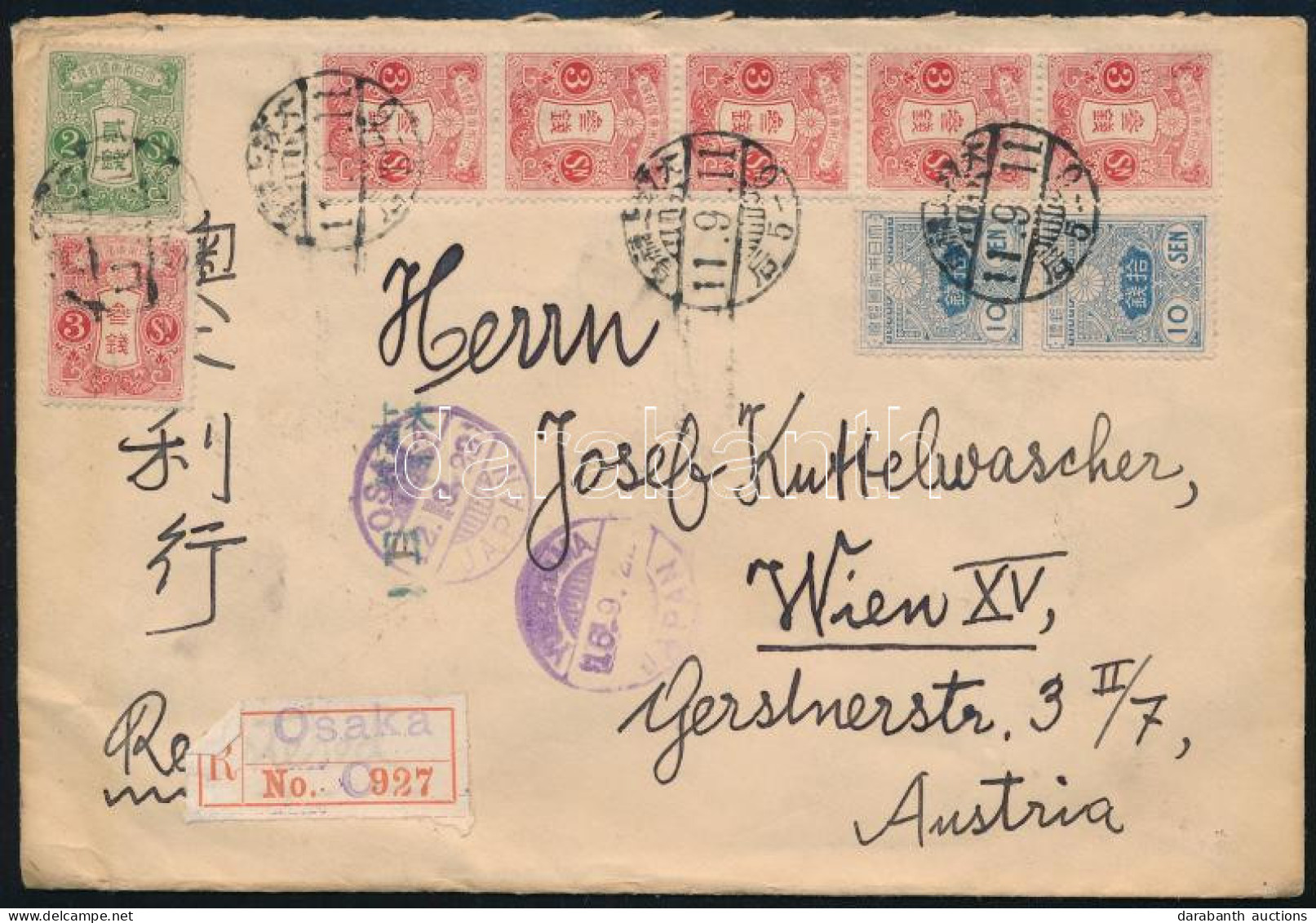 1922 Ajánlott Levél 9 Db Bélyeggel Bécsbe / Registered Cover To Vienna "OSAKA" - Andere & Zonder Classificatie