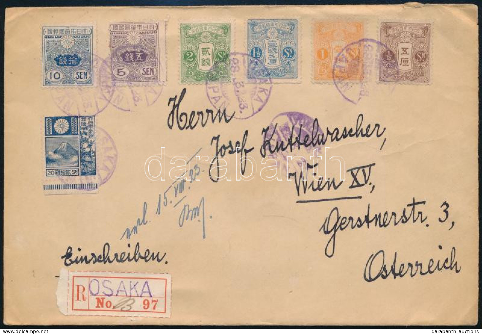 1923 Ajánlott Levél 7 Db Bélyeggel Bécsbe / Registered Cover To Vienna "OSAKA" - Sonstige & Ohne Zuordnung