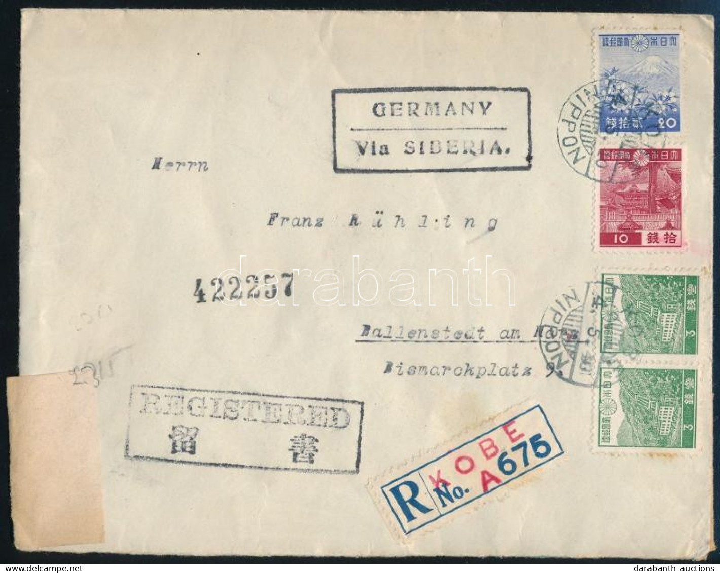 1940 Ajánlott Levél 4 Bélyeggel Németországba, Cenzúrázva / Registered Censored Cover To Germany "KOBE" - Other & Unclassified