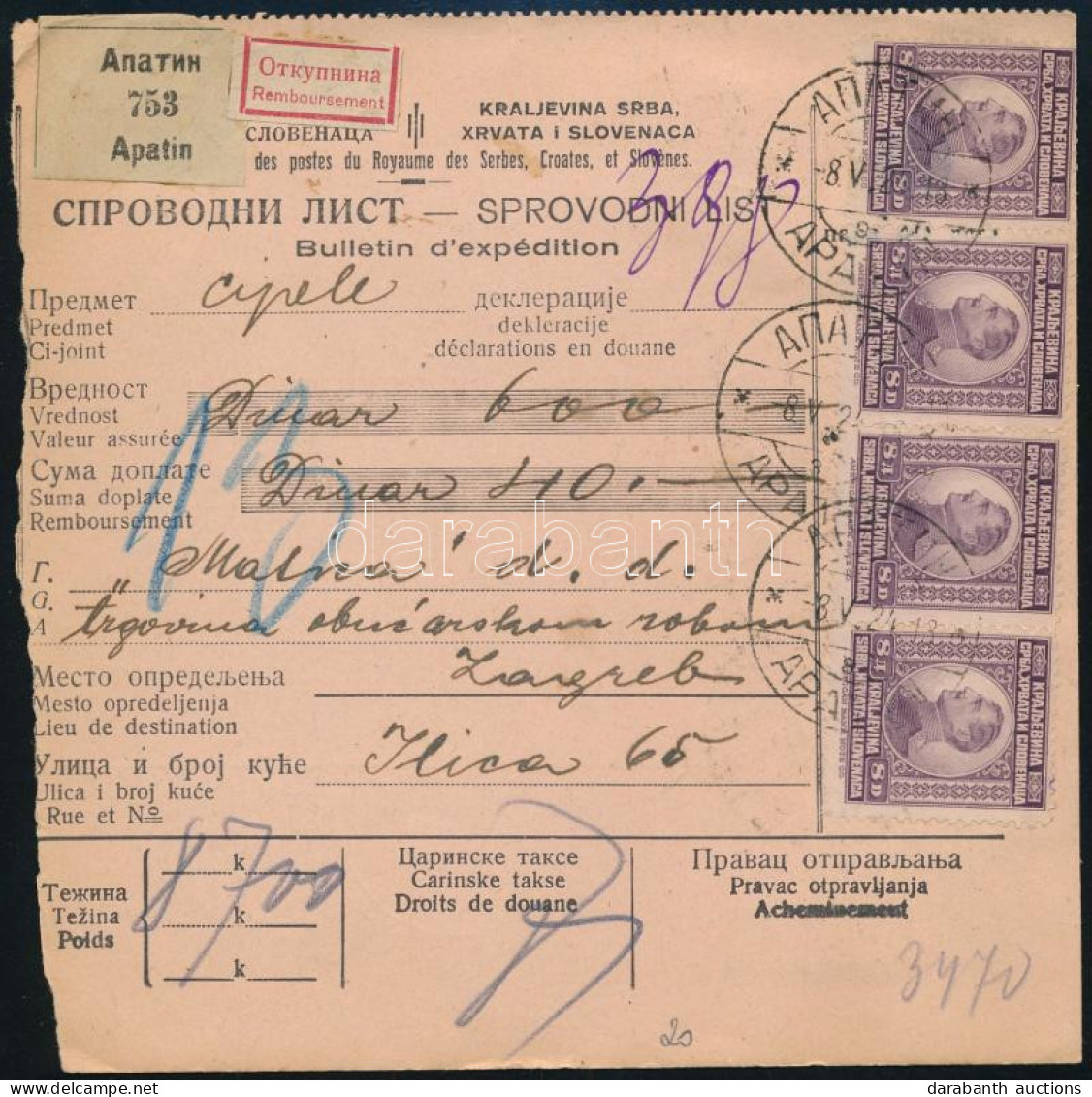 1924 Háromnyelvű Csomagszállító 9 Db Bélyeggel Bérmentesítve, Kétnyelvű "APATIN" Bélyegzéssel Zágrábba / Trilingual Parc - Other & Unclassified