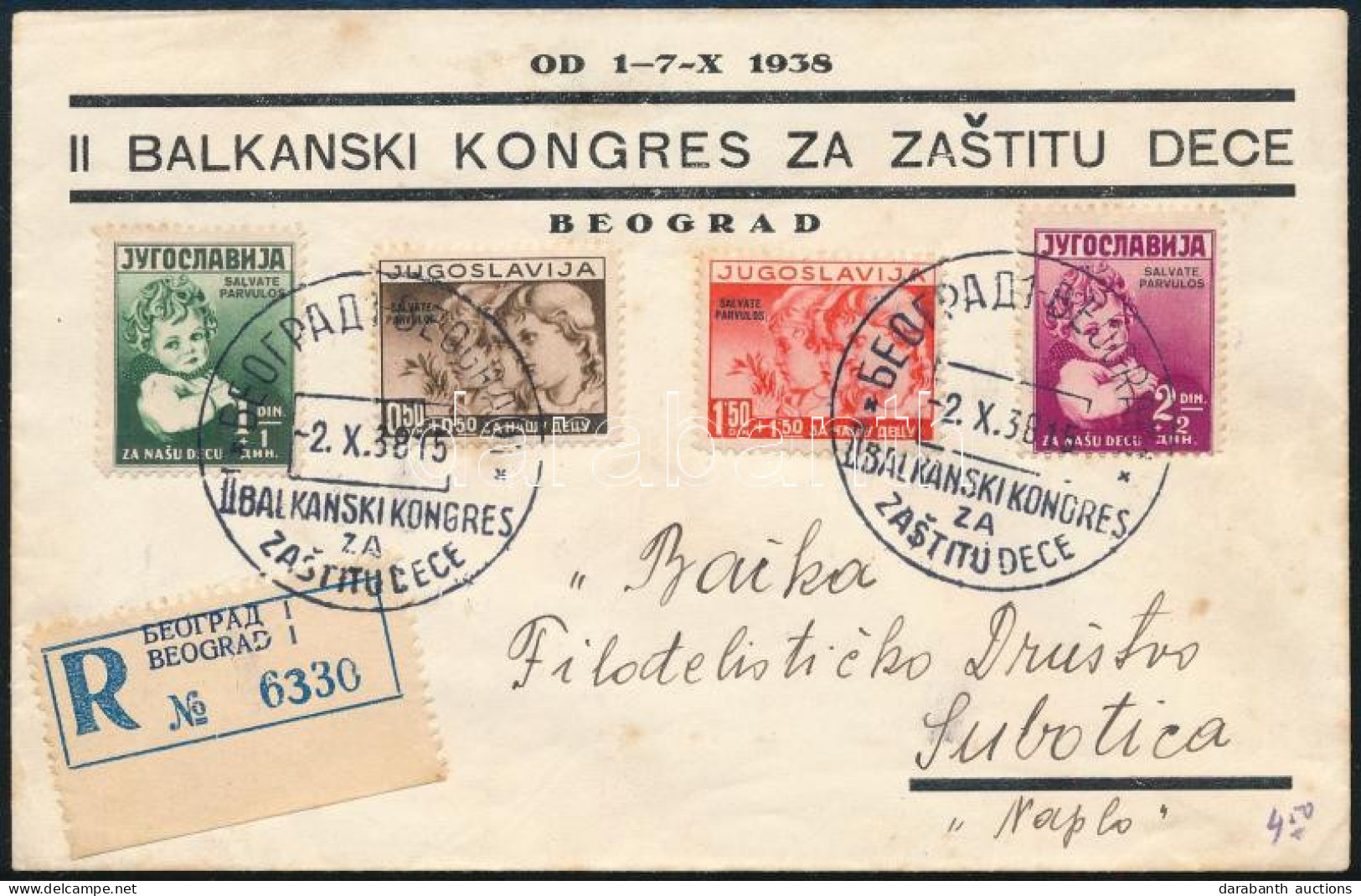 1938 Ajánlott Levél Gyermek Sorral / Mi 350-353 On Registered Cover - Andere & Zonder Classificatie