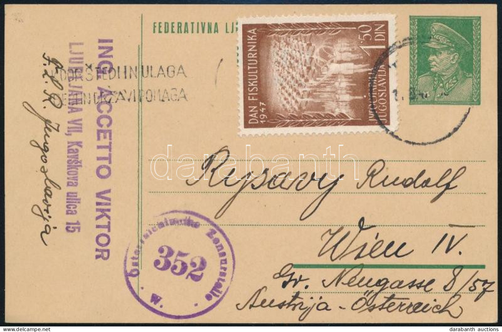 1947 Díjkiegészített Díjjegyes Levelezőlap Bécsbe, Cenzúrázva / PS-card With Additional Franking To Vienna, With Censors - Otros & Sin Clasificación