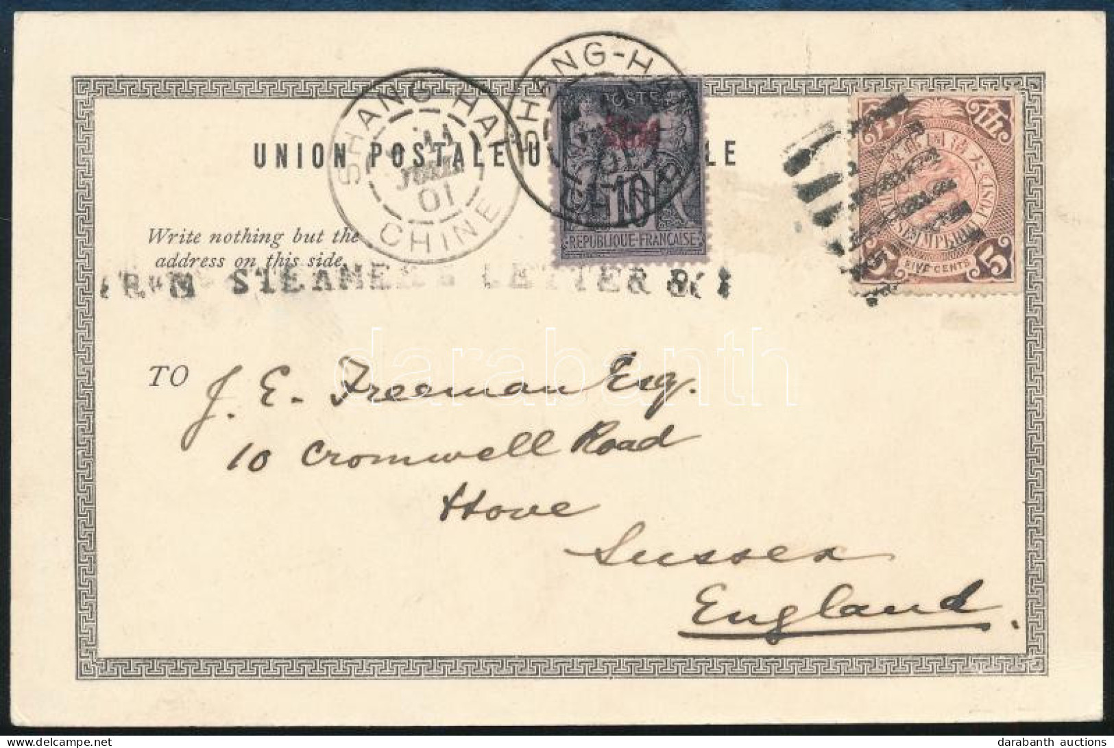 1901 Hajóposta Képeslap Kínai 5c Bélyeggel, Néma Rácsbélyegzéssel és Angol Nyelvű "FROM STEAMER LETTER BOX" Hajóposta Bé - Other & Unclassified