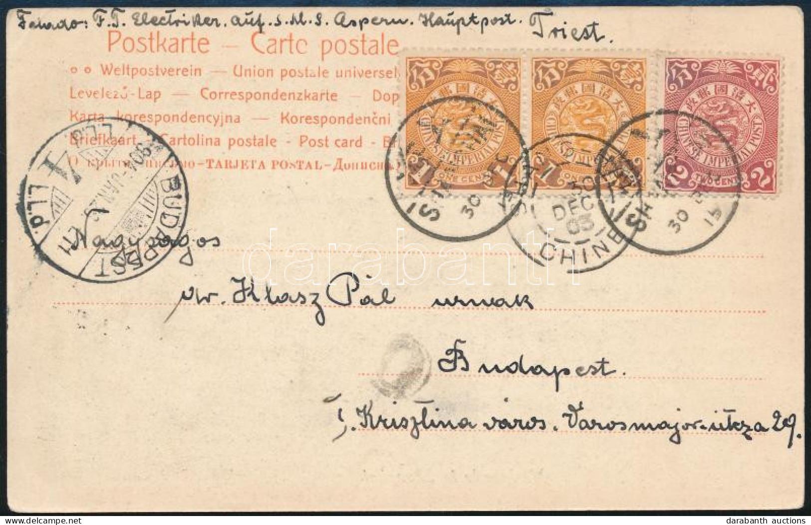 1904 Képeslap 3 Bélyeggel Az S.M.S. Aspern Cirkáló Hajóról, Ami Ekkor Kínában Volt / Postcard From The S.M.S. Aspern, Th - Altri & Non Classificati