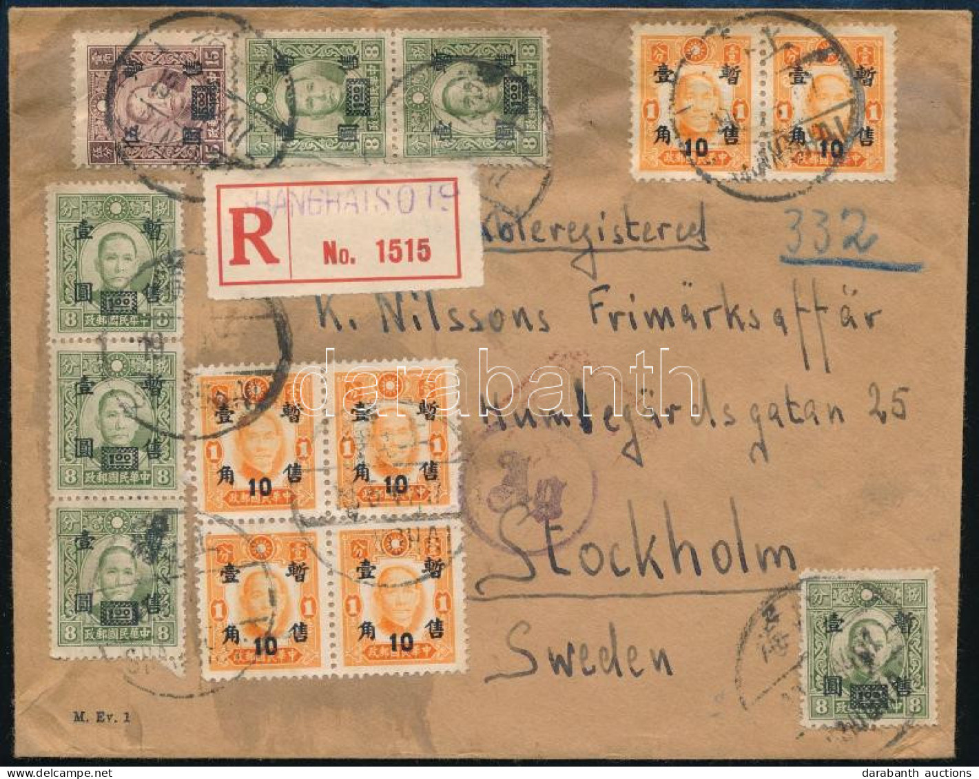 1947 Ajánlott Cenzúrázott Levél Shanghaiból Stockholmba / Japanese Occupation / Registered Censored Cover From Shanghai  - Autres & Non Classés