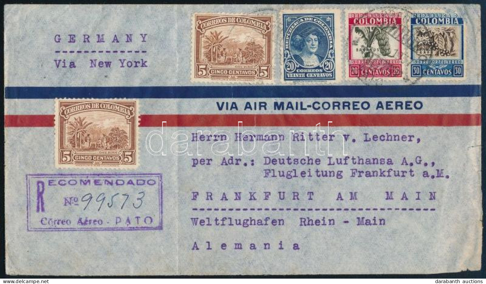 1937 Ajánlott Levél Frankfurtba New Yorkon Keresztül, összesen 6 Klf Bélyegzéssel / Registered Cover To Frankfurt Via Ne - Sonstige & Ohne Zuordnung