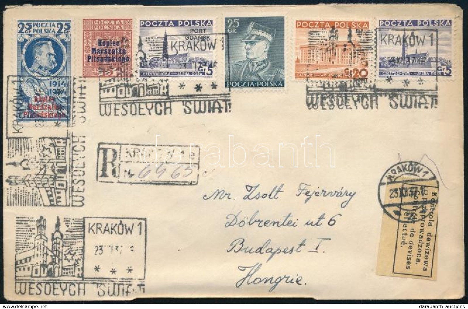 1937 Ajánlott Levél 6 Db Bélyeggel és Alkalmi Bélyegzésekkel Budapestre Krakkóból / Registered Cover With 6 Stamps And S - Other & Unclassified