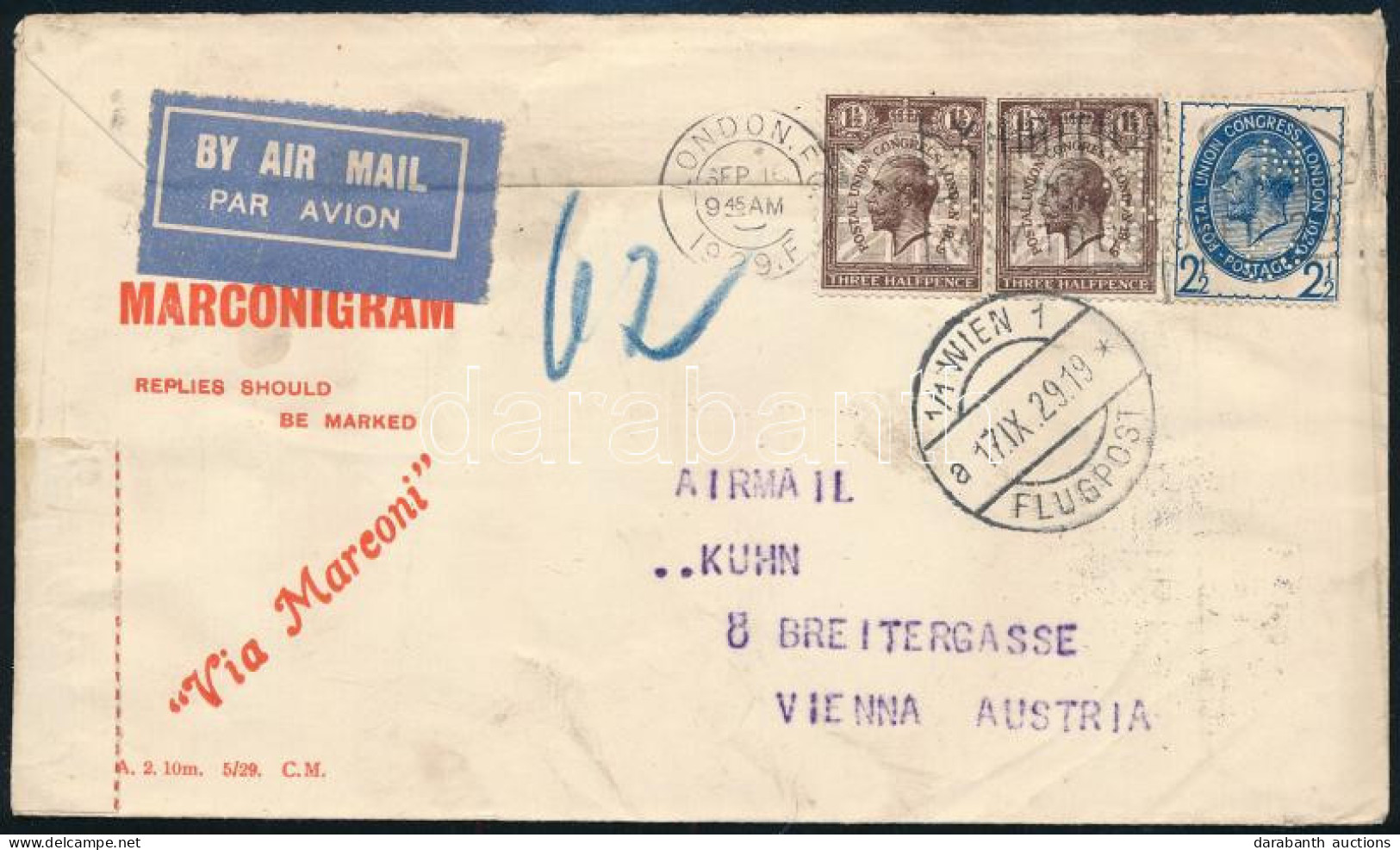 1929 Légi Levél Londonból Bécsbe / Airmail Cover From London To Vienna - Autres & Non Classés