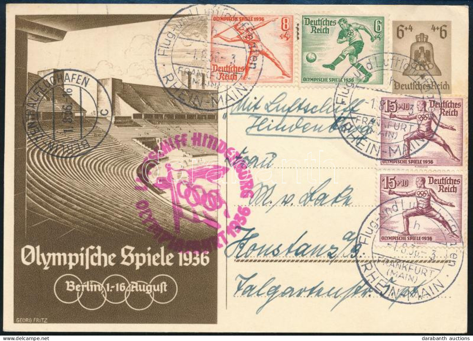 1936 Hindenburg Olympiafahrt Levelezőlap Olimpia Bélyegekkel és Alkalmi Bélyegzéssel / Olympiafahrt Postcard With Sports - Other & Unclassified