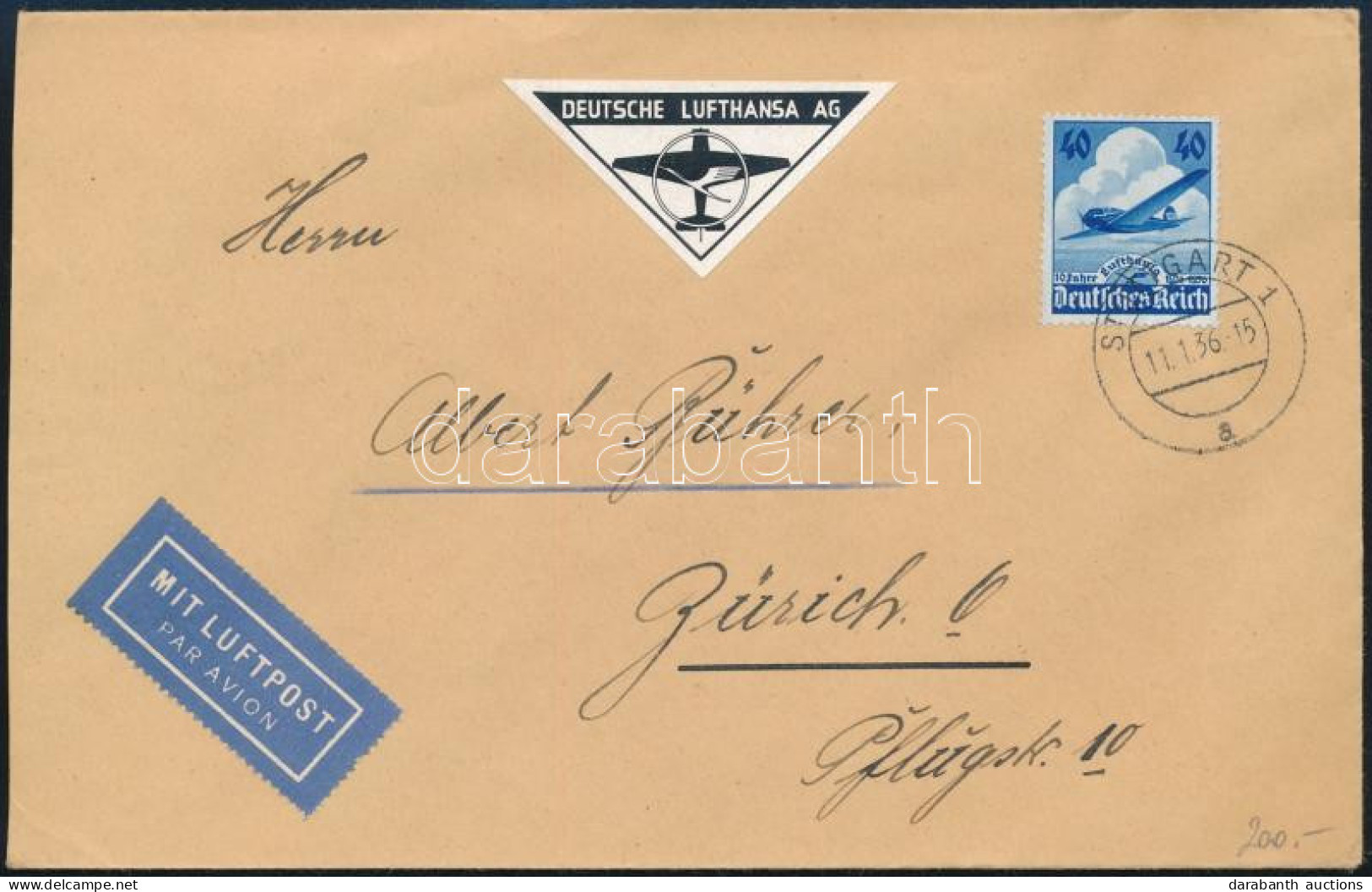 1936 Légi Levél Stuttgartból Zürichbe, 2 Db Lufthansa Levélzáróval / Airmail Cover From Stuttgart To Zürich With 2 Lufth - Autres & Non Classés