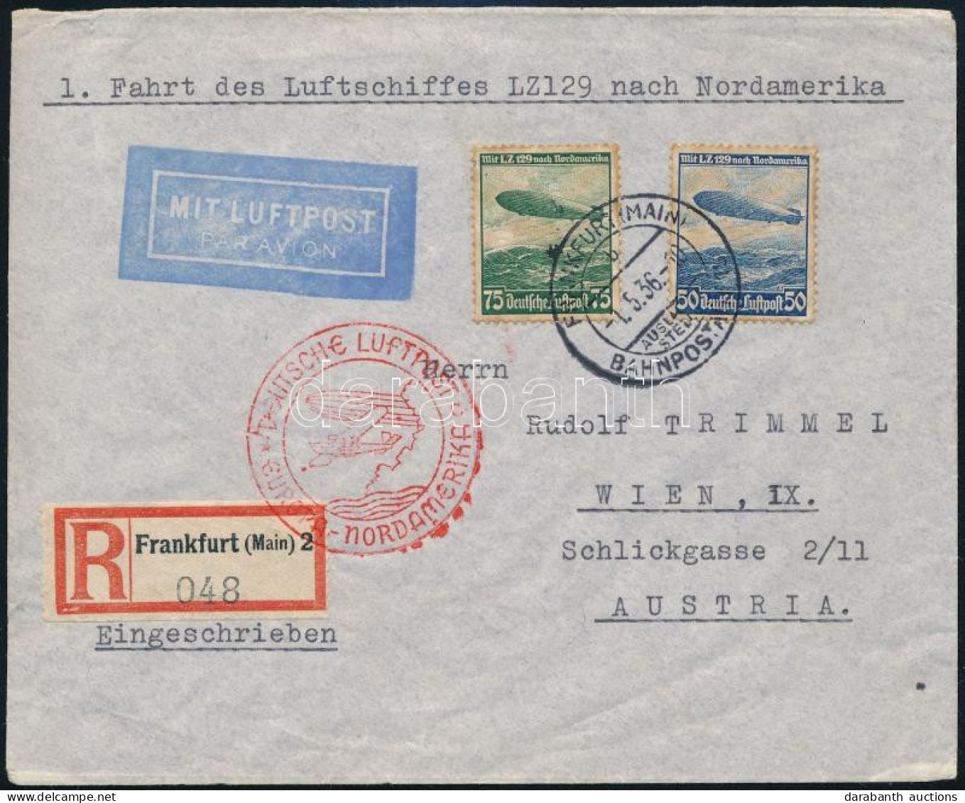 1936 L.Z. 129 észak-amerikai útja Ajánlott Levél Bécsbe / L.Z. 129 North-America Flight Registered Cover To Vienna - Altri & Non Classificati