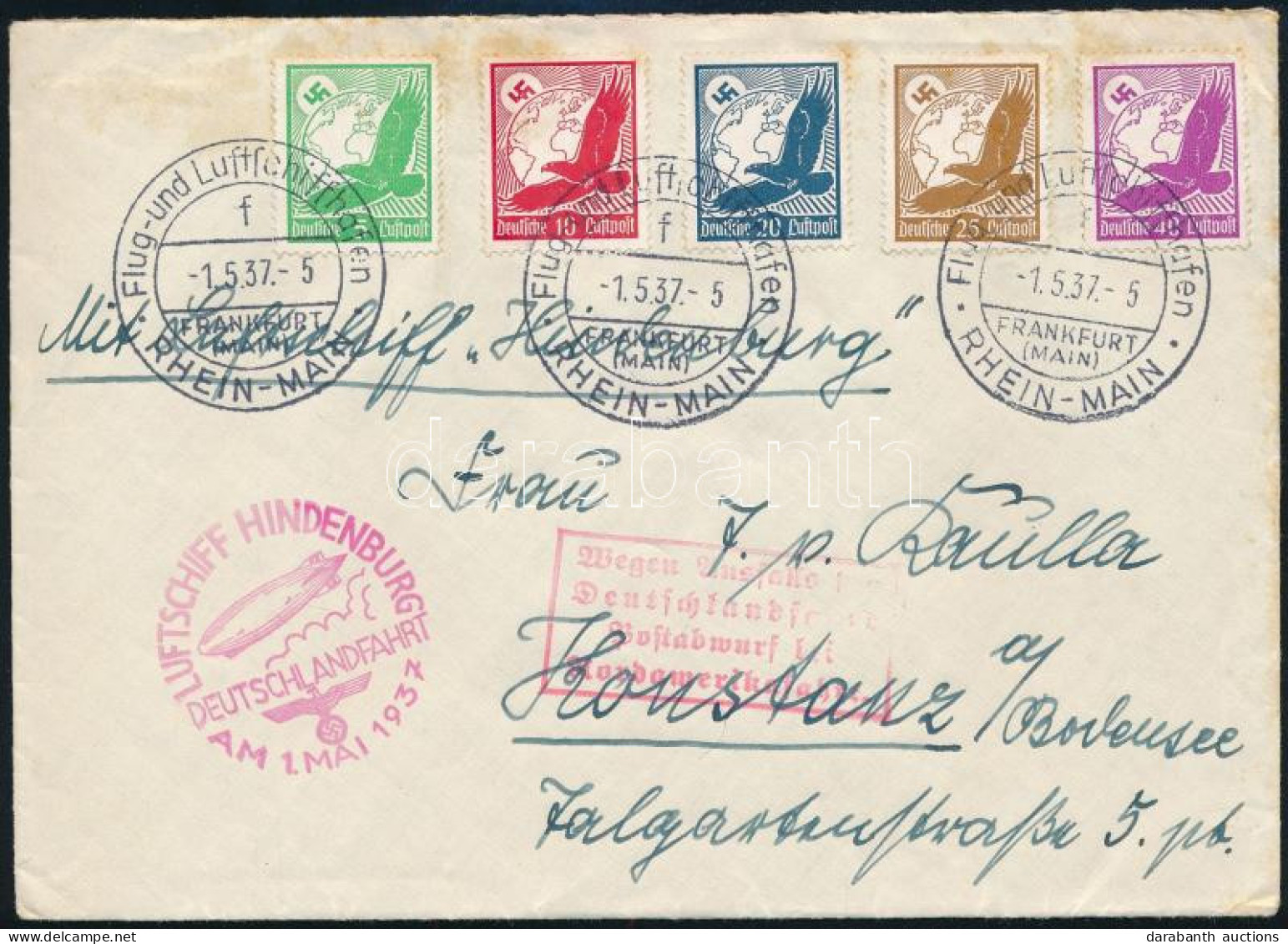 1937 Zeppelin Németországi útja Levél 5 Db Légi Bélyeggel Frankfurtból, Levélzáróval / Zeppelin Germany Flight Cover Fro - Other & Unclassified