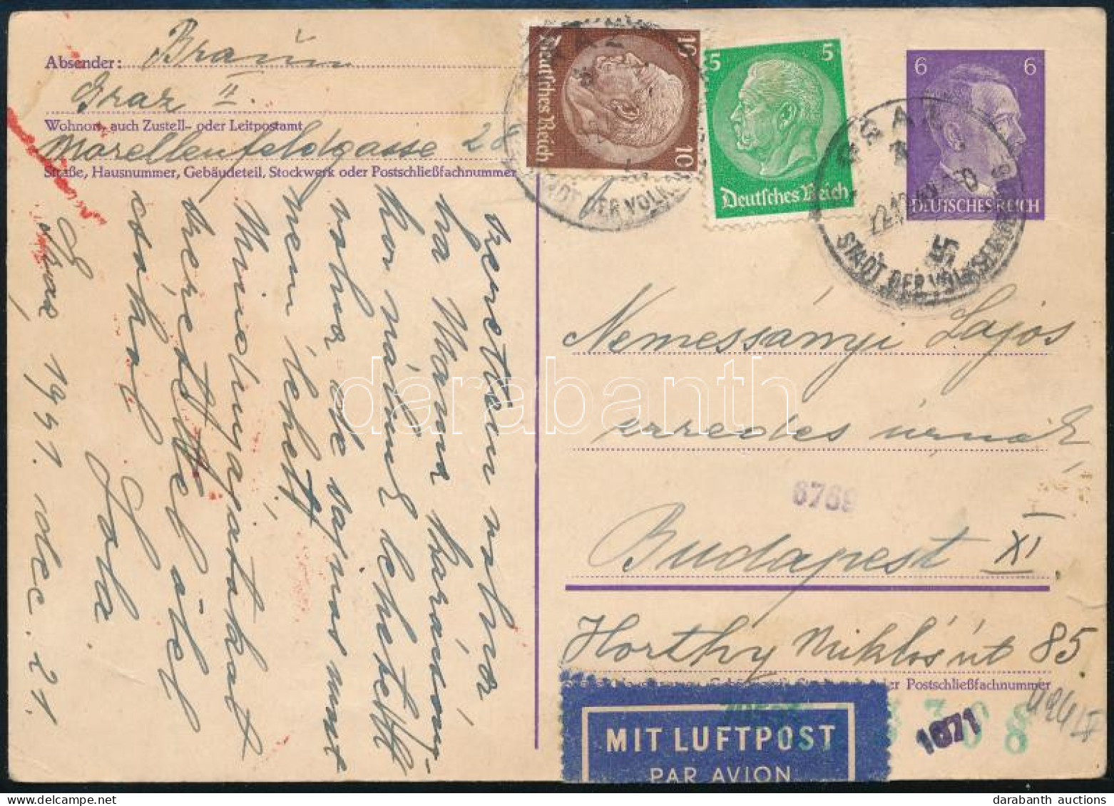 1941 Cenzúrázott Légi Levelezőlap Budapestre / Censored Airmail Postcard - Andere & Zonder Classificatie