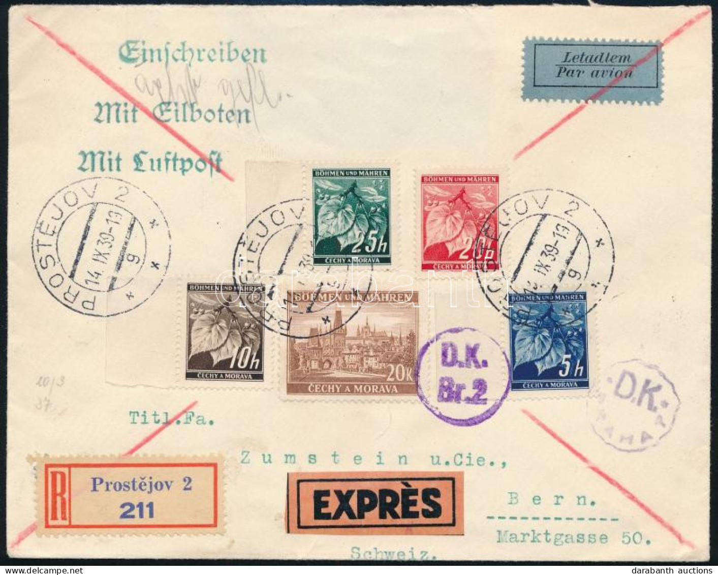 Böhmen Und Mähren 1939 Ajánlott Expressz Légi Levél / Registered Express Airmail Cover "PROSTEJOV" - "BERN" - Sonstige & Ohne Zuordnung