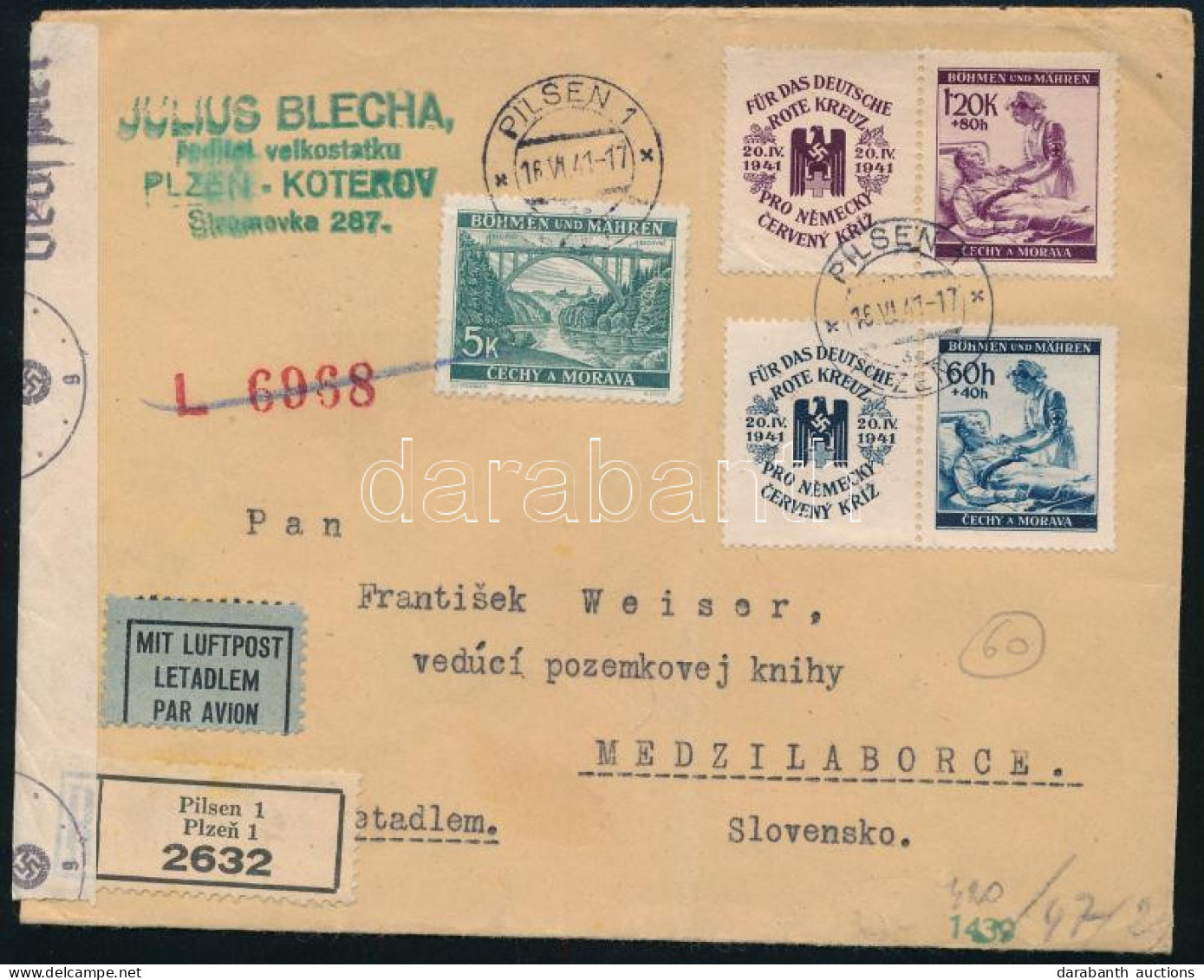Böhmen Und Mähren 1941 Ajánlott Légi Cenzúrázott Levél Szlovákiába / Registered Airmail Censored Cover To Slovakia "PILS - Other & Unclassified