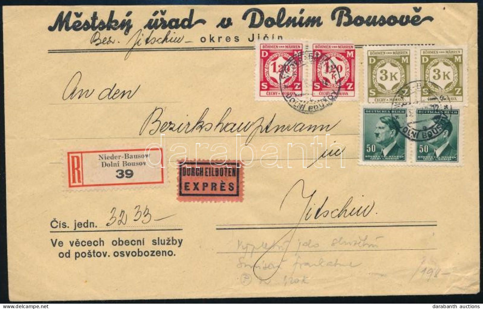 Böhmen Und Mähren 1942 Ajánlott Expressz Levél / Registered Express Cover "NIEDER-BAUSOW / DOLNI BOUSOV" - Sonstige & Ohne Zuordnung