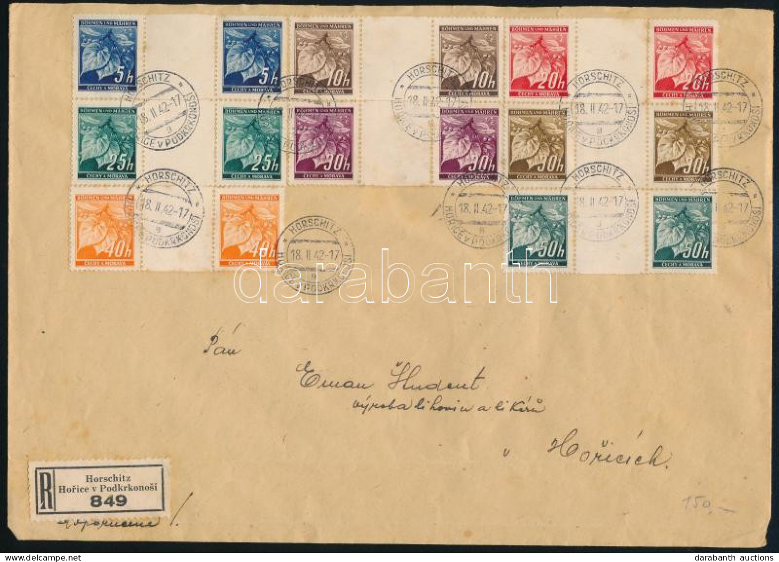 Böhmen Und Mähren 1942 Dekoratív Ajánlott Levél 8 Db ívközéprészes Párral Bérmentesítve / Registered Cover With 8 Gutter - Sonstige & Ohne Zuordnung