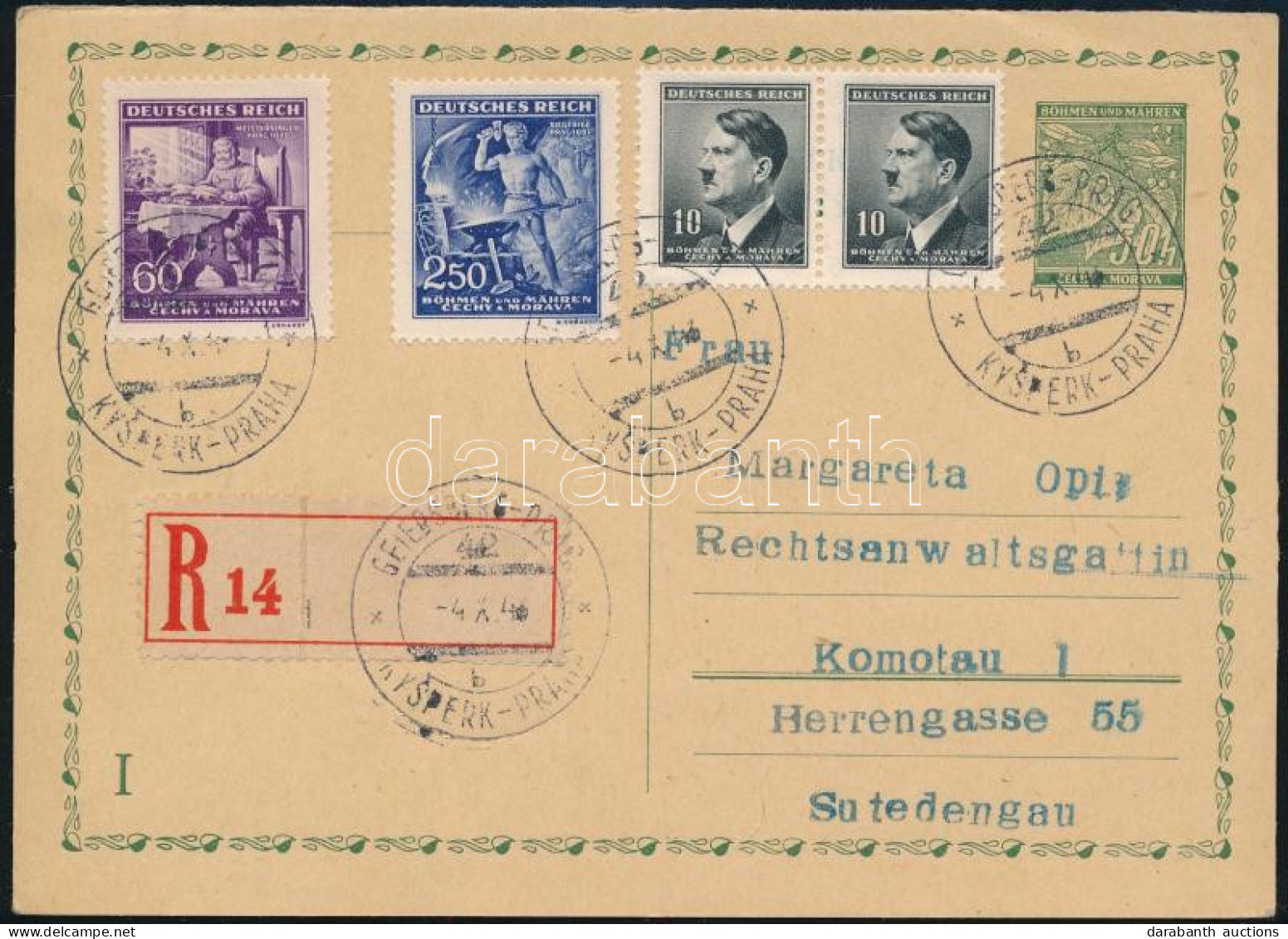 Böhmen Und Mähren 1943 Ajánlott Díjjegyes Levelezőlap 4 Db Bélyeggel / Registered PS-card With Additional Franking - Sonstige & Ohne Zuordnung