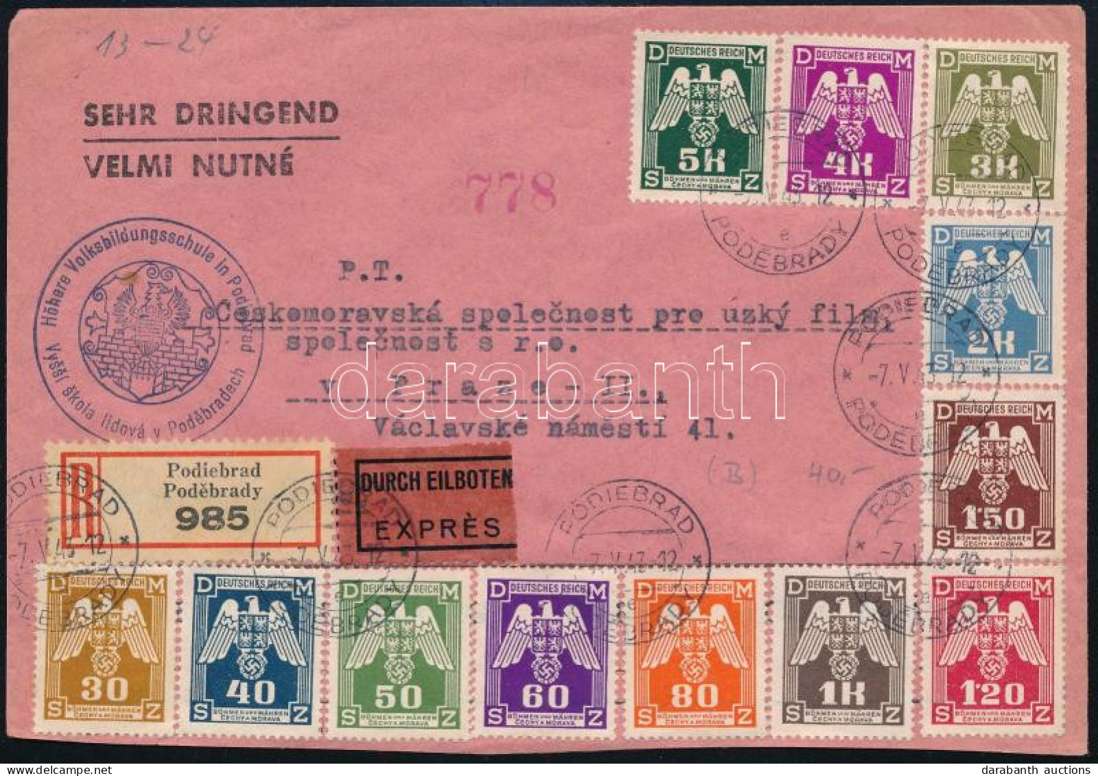 Böhmen Und Mähren 1943 Ajánlott Expressz Levél Hivatalos Sorral / Mi Official 13-24 On Registered Express Cover "PODIEBR - Sonstige & Ohne Zuordnung