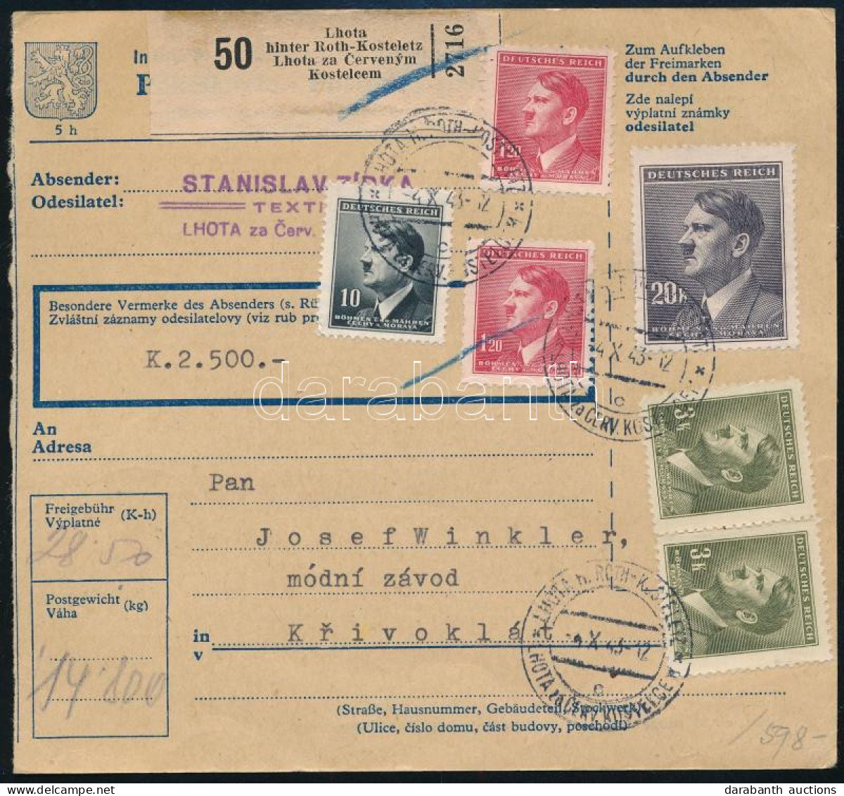 Böhmen Und Mähren 1943 Csomagszállító 6 Db Bélyeggel / Parcel Card - Autres & Non Classés