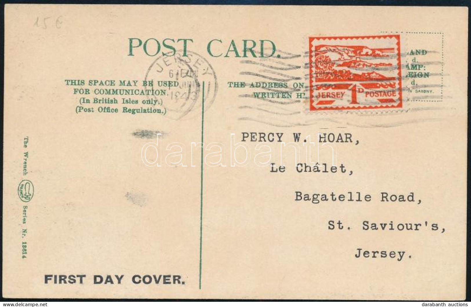 Jersey 1943 Helyi Képeslap 1 Bélyeggel / Local Postcard With 1 Stamp Franking - Autres & Non Classés