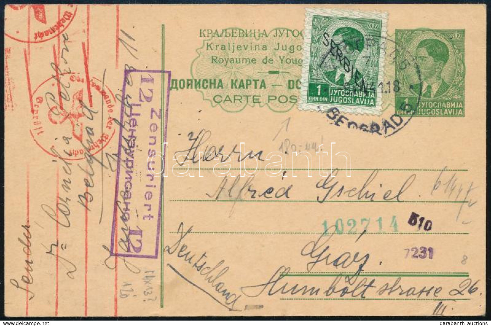 Szerbia 1941 Díjkiegészített Díjjegyes Levelezőlap, Cenzúrázva / Censored PS-card With Additional Franking "BEOGRAD" - G - Sonstige & Ohne Zuordnung