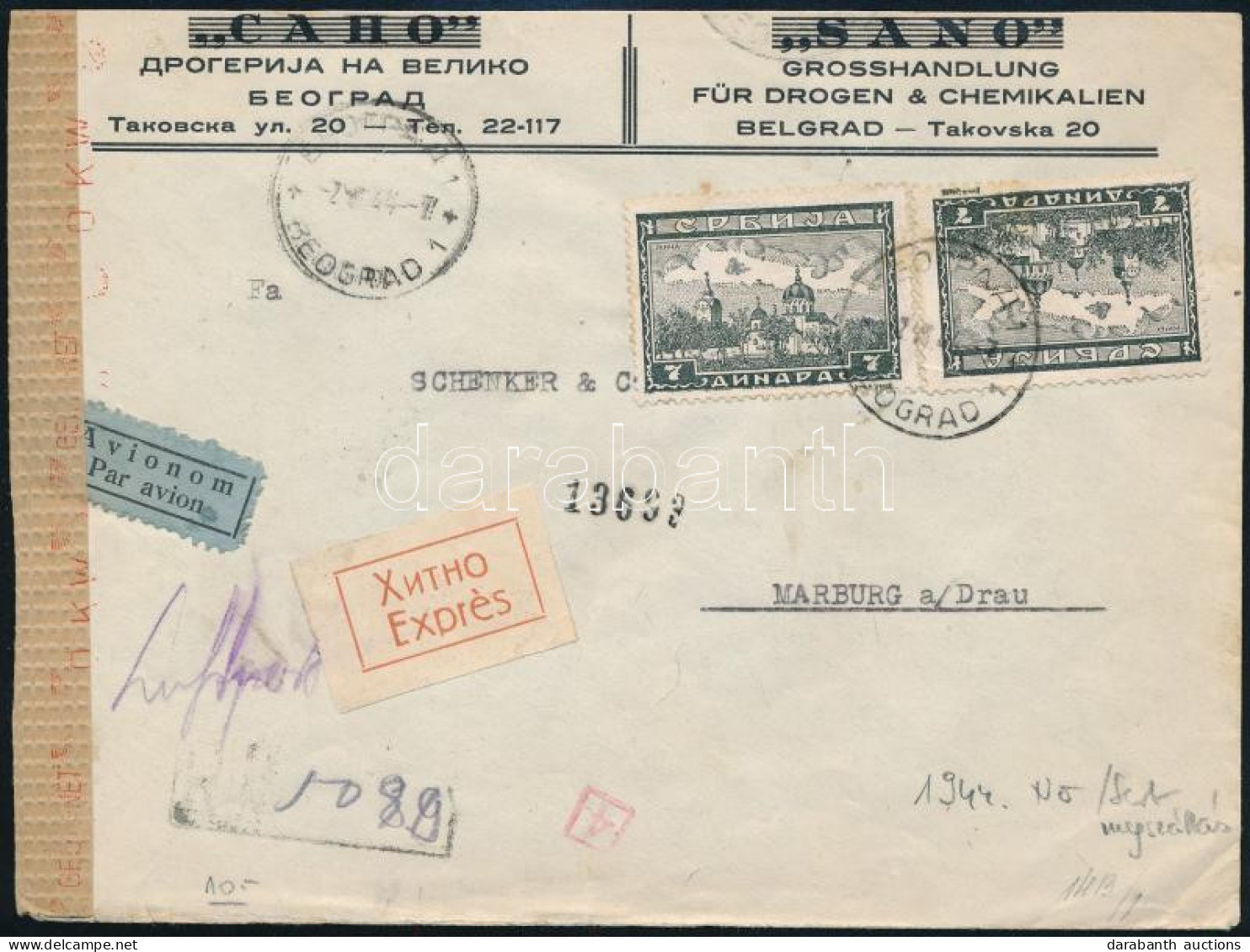 Szerbia 1944 Cenzúrázott Légi Levél 5 Db Bélyeggel / Censored Airmail Cover With 5 Stamps - Autres & Non Classés