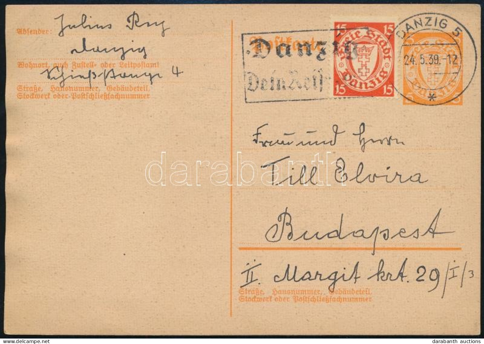 1939 Díjkiegészített Díjjegyes Levelezőlap Budapestre / PS-card With Additional Franking To Budapest - Other & Unclassified