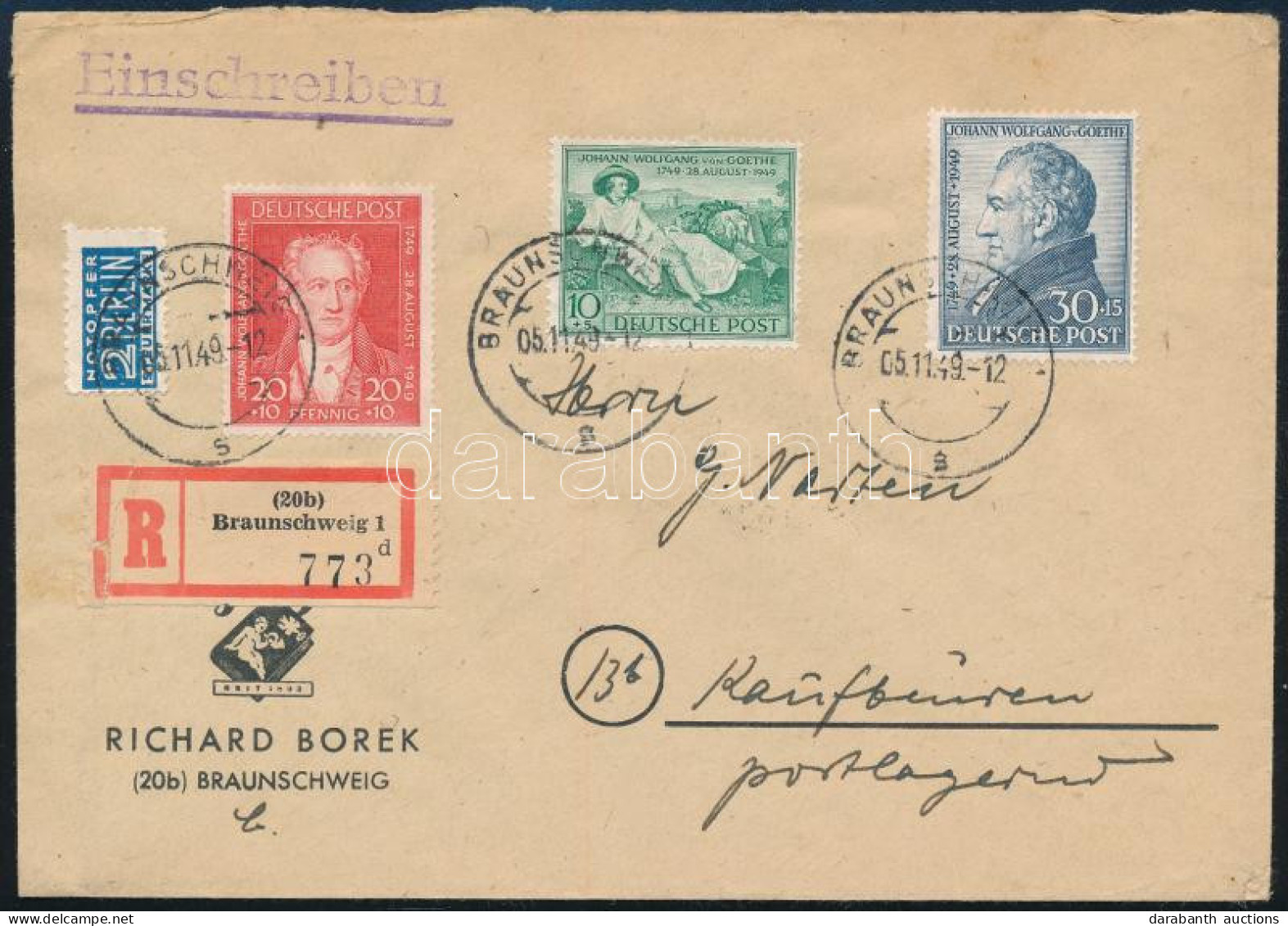 1949 Ajánlott Levélen Goethe Sor / Mi 108-110 On Registered Cover - Andere & Zonder Classificatie