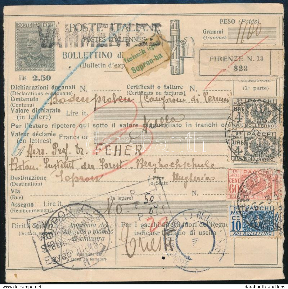 1933 Csomagszállító Firenzéből Sopronba / Parcel Card "FIRENZE" - Other & Unclassified