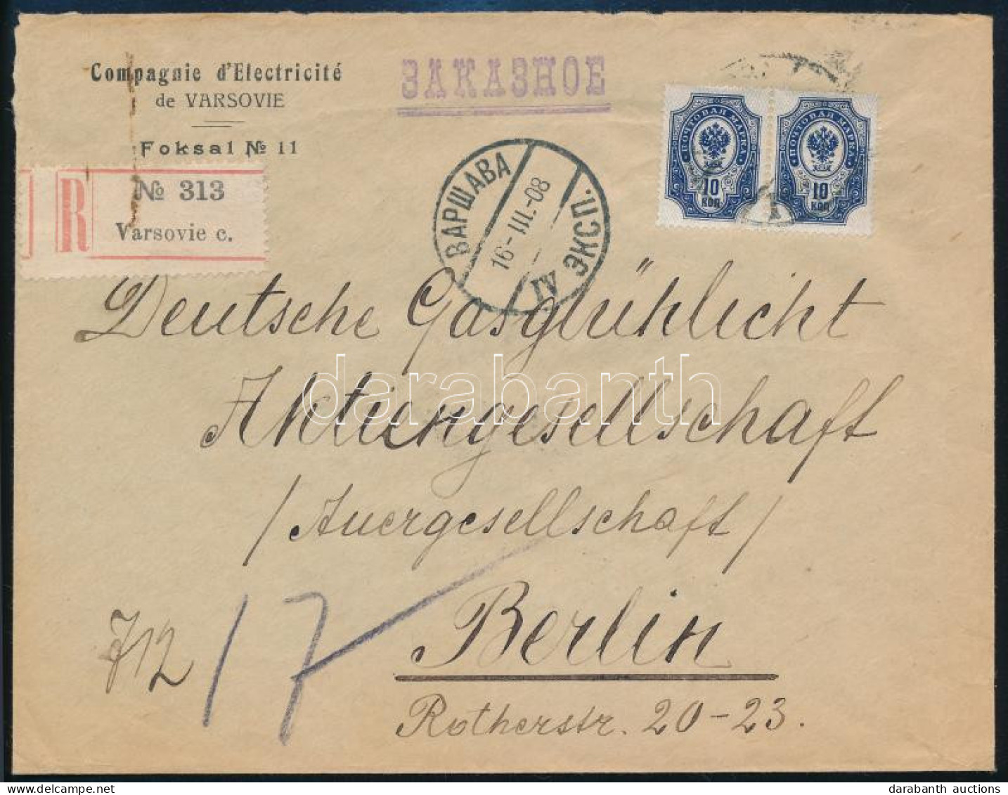 1908 Mi 41 YaK Pár Fordított Alapnyomattal Ajánlott Levélen Varsóból Berlinbe / Mi 41 YaK Pair With Inverted Burelage On - Andere & Zonder Classificatie