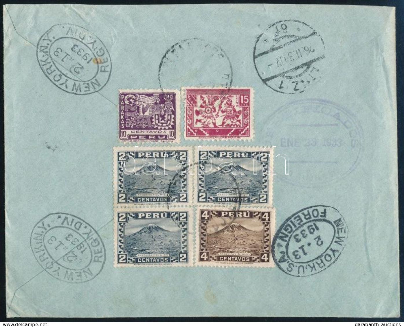 1933 Ajánlott Levél 6 Db Bélyeggel New Yorkon Keresztül Linzbe Küldve / Registered Cover With 6 Stamps Via New York To L - Other & Unclassified