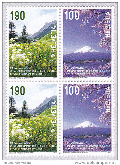 Switzerland 2014 Joint Issue Switzerland Japan Mountains Volcano Fuji MNH ** Se-tenant Block 4 - Ongebruikt