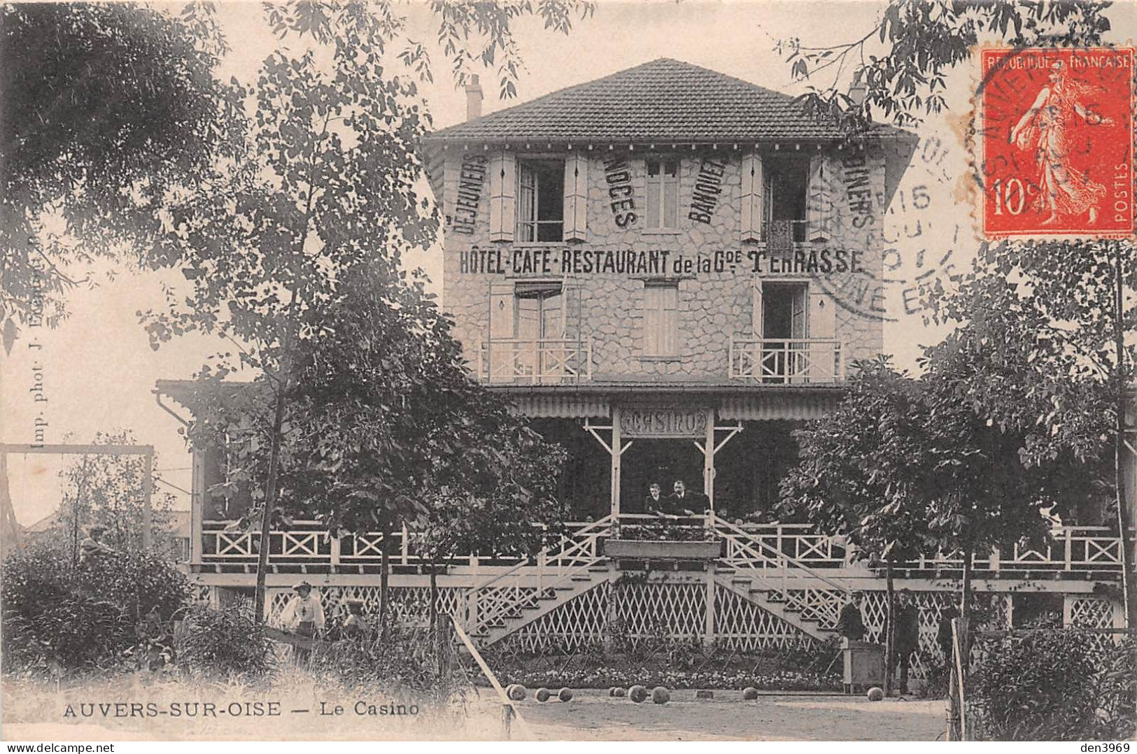 AUVERS-sur-OISE (Val-d'Oise) - Le Casino - Hôtel-Restaurant De La Grande Terrasse, Jeu De Boules - Voyagé 1907 (2 Scans) - Auvers Sur Oise