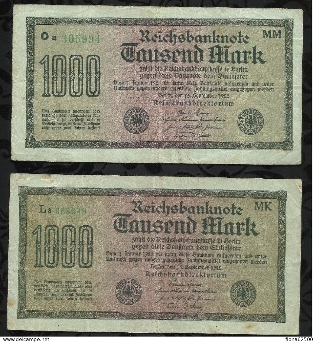 ALLEMAGNE . LOT DE 2 BILLETS DE 1.000 MARK . 1922 . - 1.000 Mark