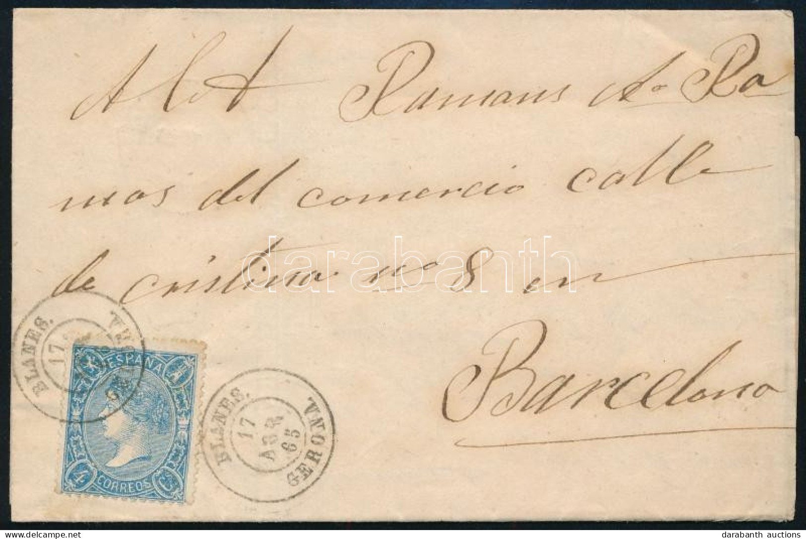 1865 Levél / Cover "BLANES / GERONA" - Barcelona - Altri & Non Classificati