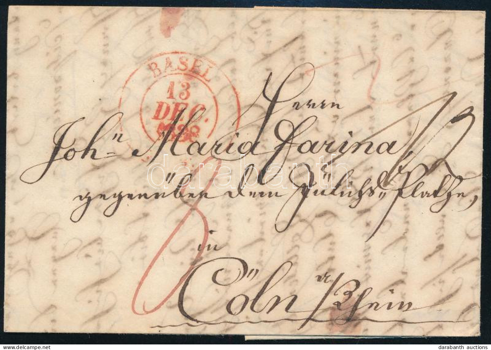 1838 Portós Levél / Unpaid Cover, Piros / Red "BASEL" - Cöln - Altri & Non Classificati