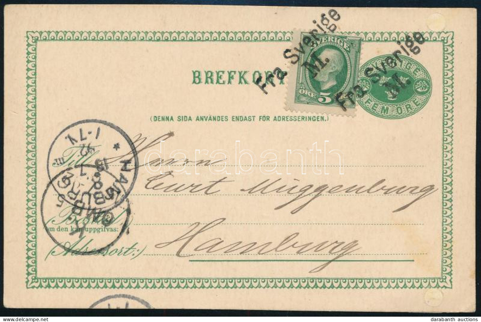 1892 Díjkiegészített Díjjegyes Levelezőlap Hamburgba / PS-card With Additional Franking To Hamburg "Fra Sverige M." - Sonstige & Ohne Zuordnung