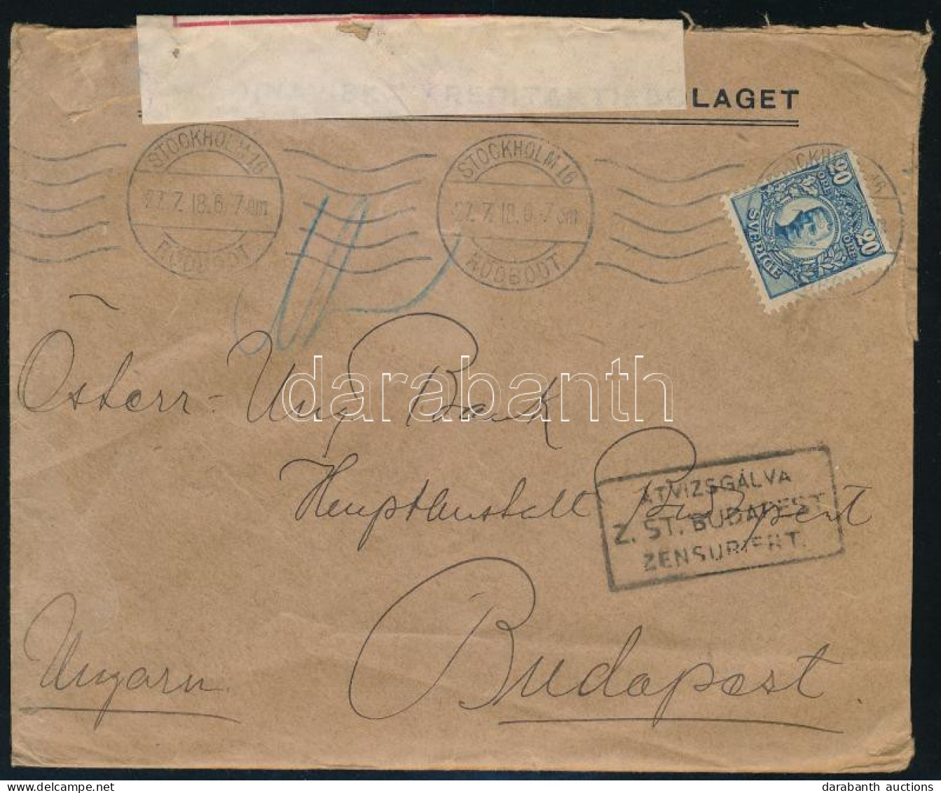 1918 Cenzúrázott Levél Stockholmból / Censored Cover From Stockholm - Sonstige & Ohne Zuordnung