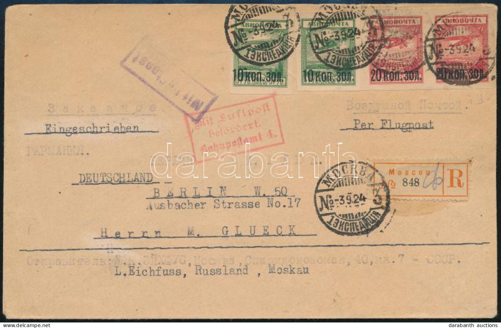 1924 Légi Ajánlott Levél A Teljes Repülő Sorral Moszkvából Berlinbe / Mi 267-270 On Airmail Registered Cover From Moscow - Sonstige & Ohne Zuordnung