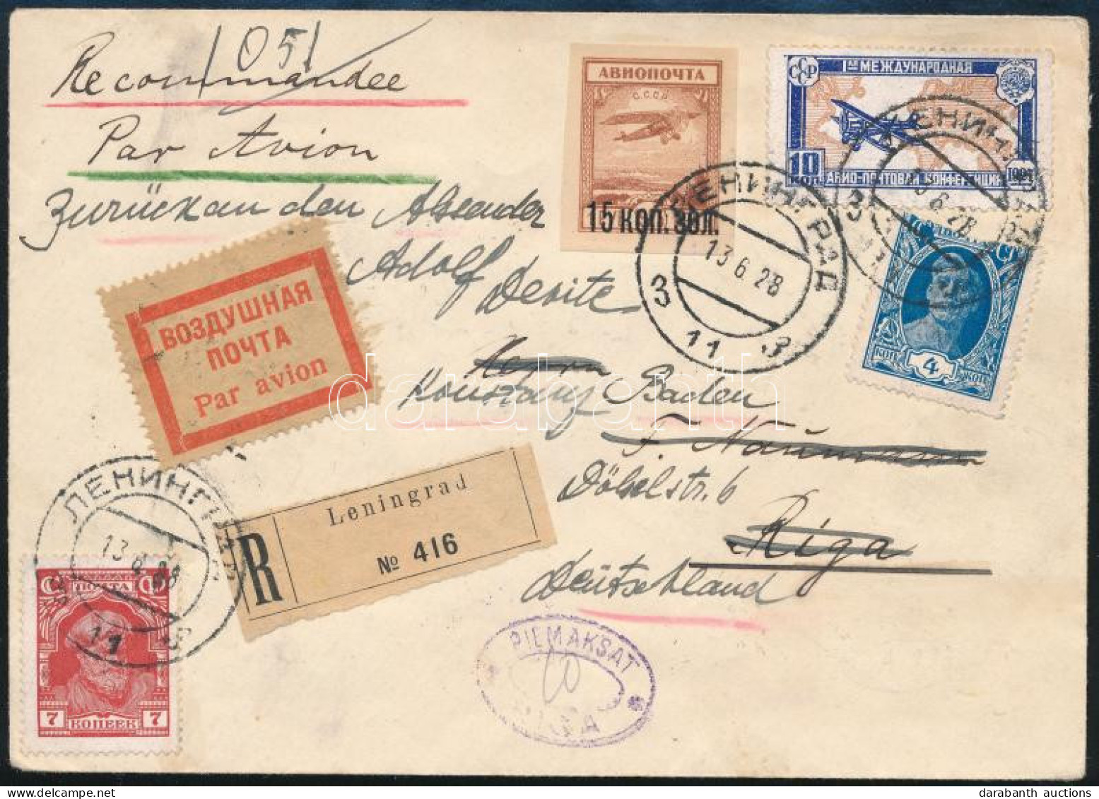 1928 Dekoratív Ajánlott Légi Levél, Továbbküldve Németországba / Registered Airmail Cover From Leningrad To Riga, Redire - Autres & Non Classés