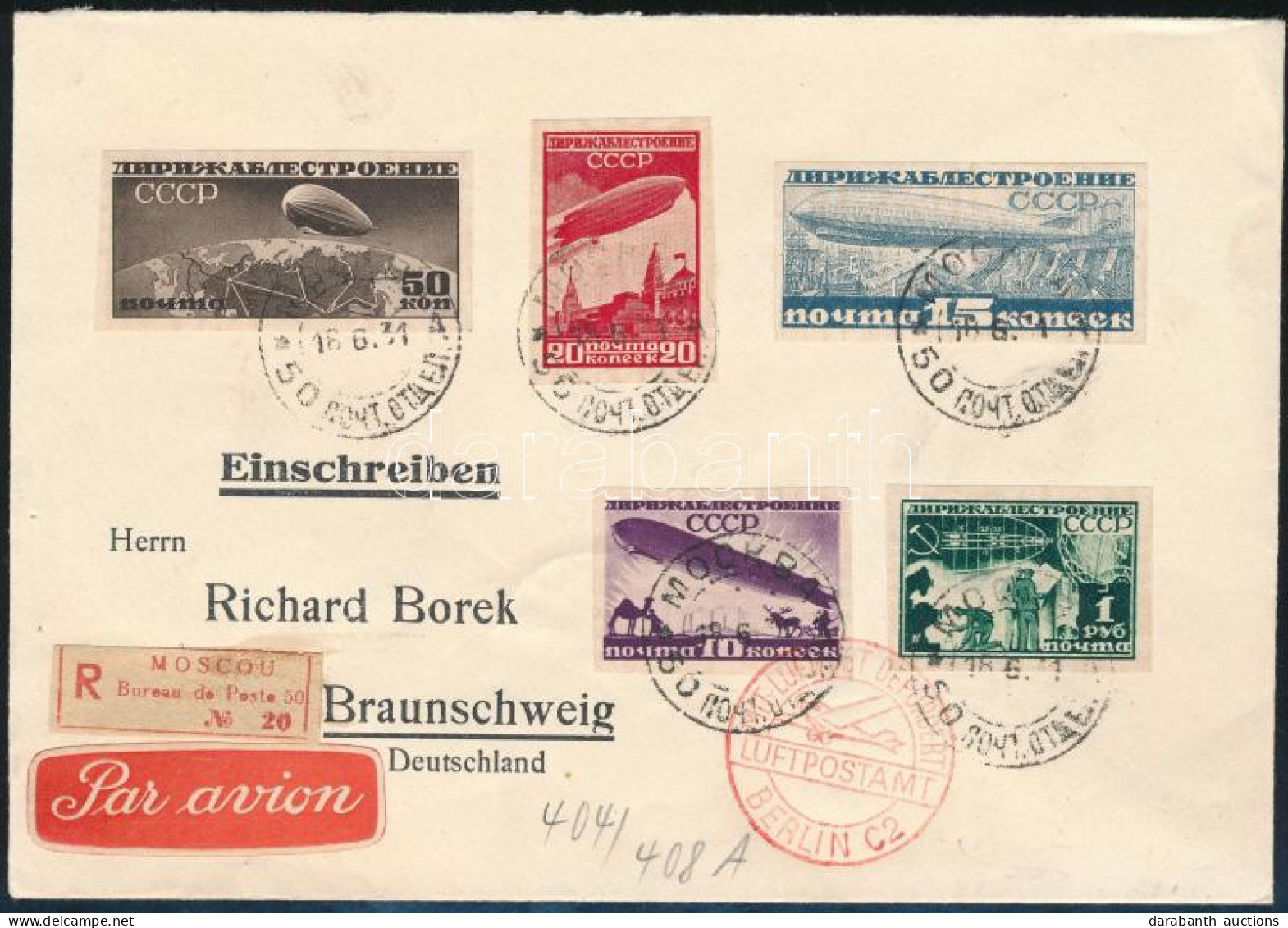 1931 Ajánlott Légi Posta Levél Zeppelin Vágott Sorral Moszkvából Németországba / Mi 397-401 C On Registered Airmail Cove - Sonstige & Ohne Zuordnung