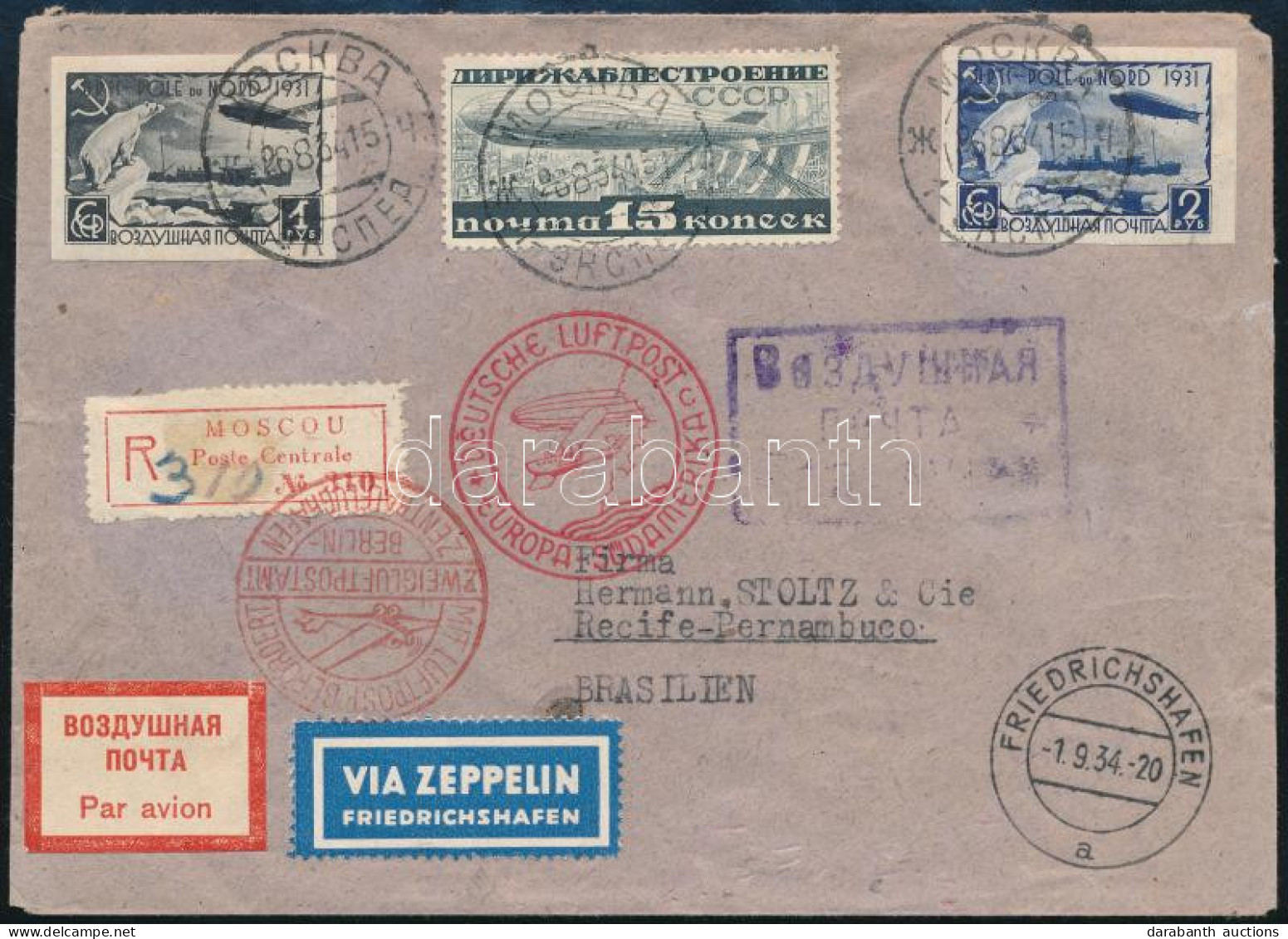 1934 Ajánlott Zeppelin Légi Posta Levél Zeppeliln Bélyegekkel Moszkvából Brazíliába, RRR! / Registered Zeppelin Cover Wi - Sonstige & Ohne Zuordnung