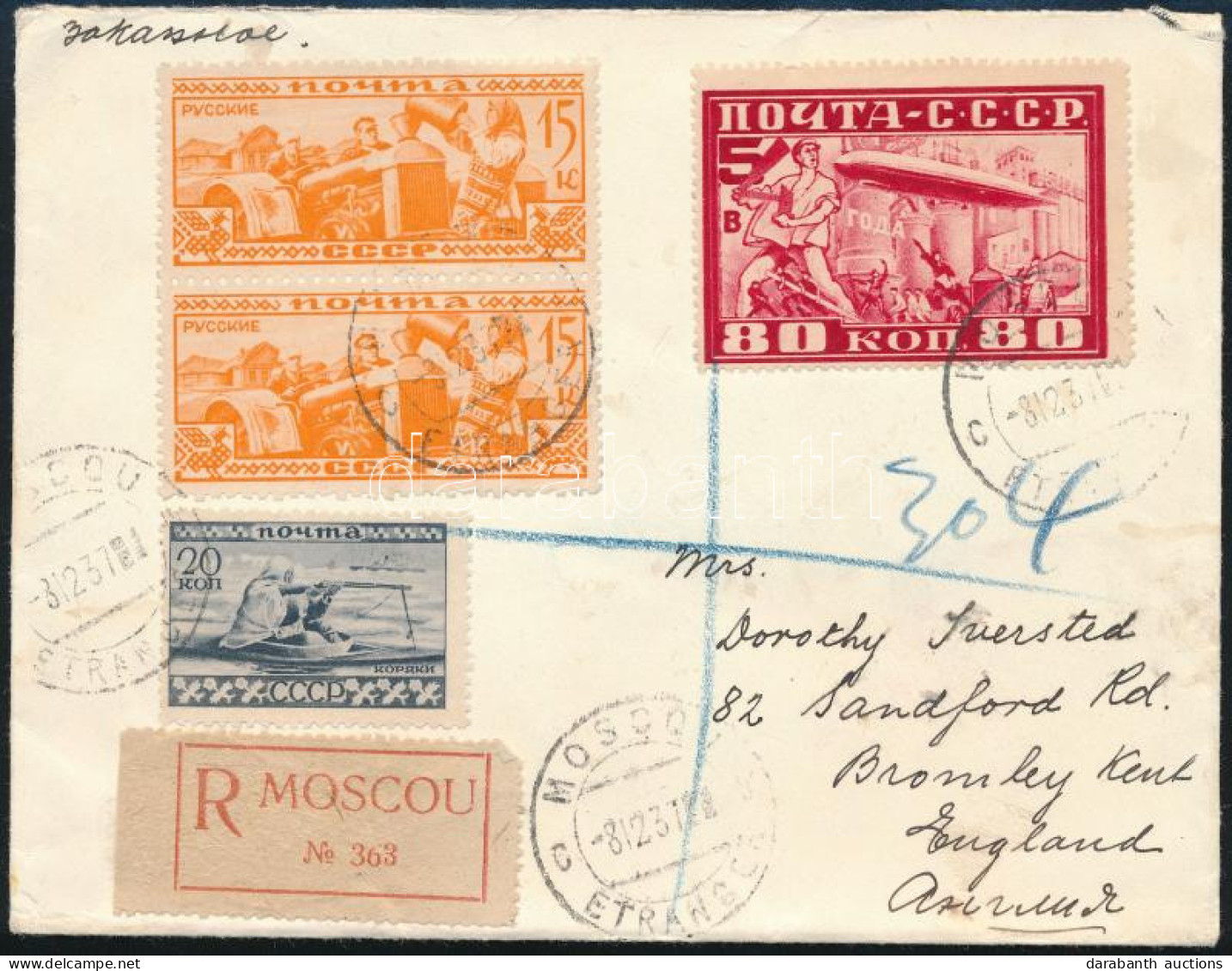 1937 Dekoratív Ajánlott Levél Zeppelin Bélyeggel Moszkvából Angliába / Registered Cover With Zeppelin Stamp From Moscow  - Other & Unclassified
