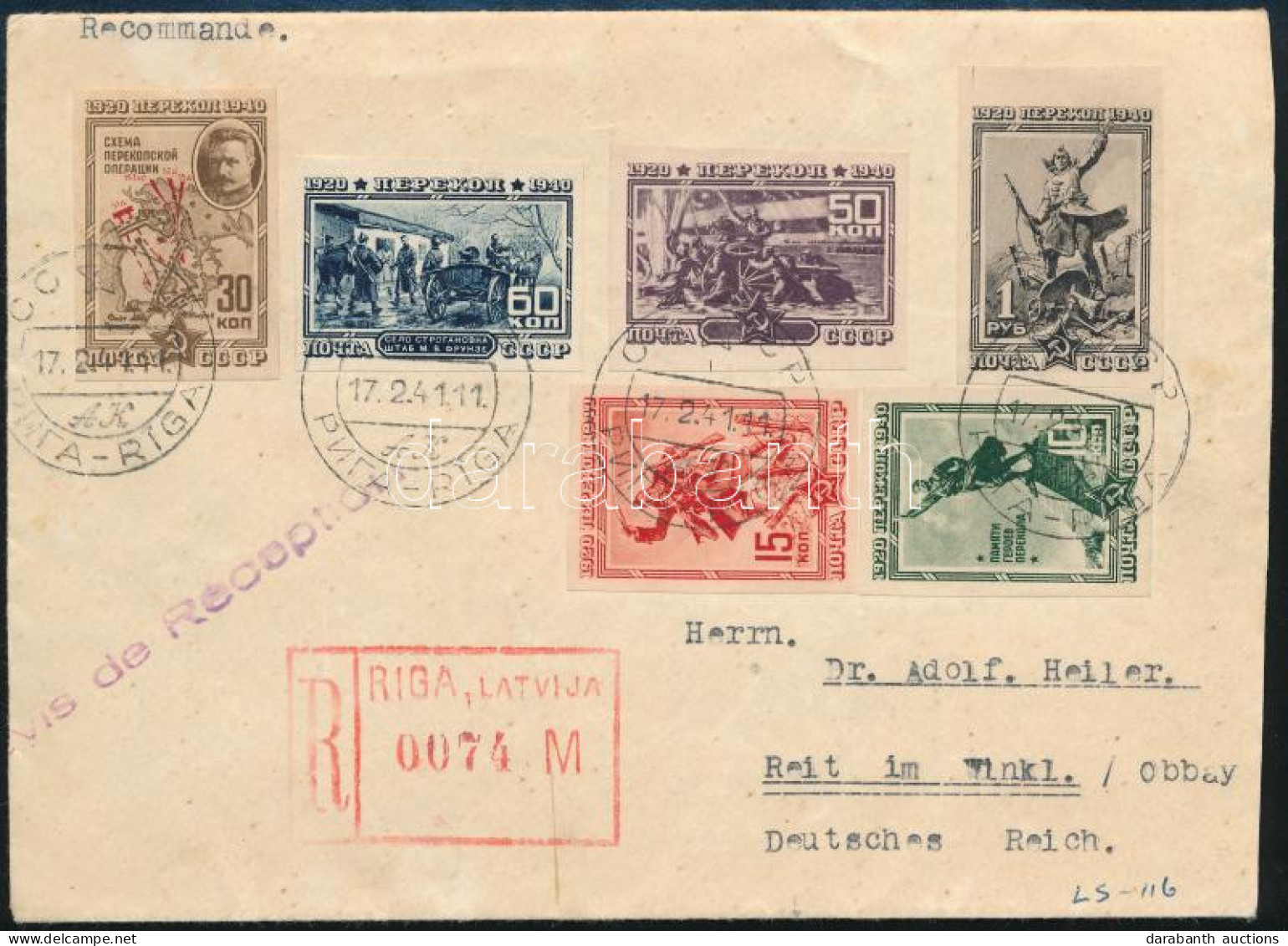 1941 Ajánlott Cenzúrázott Levél Vágott Sorral Rigából Németországba / Mi 780-785 B On Registered Censored Cover From Rig - Other & Unclassified