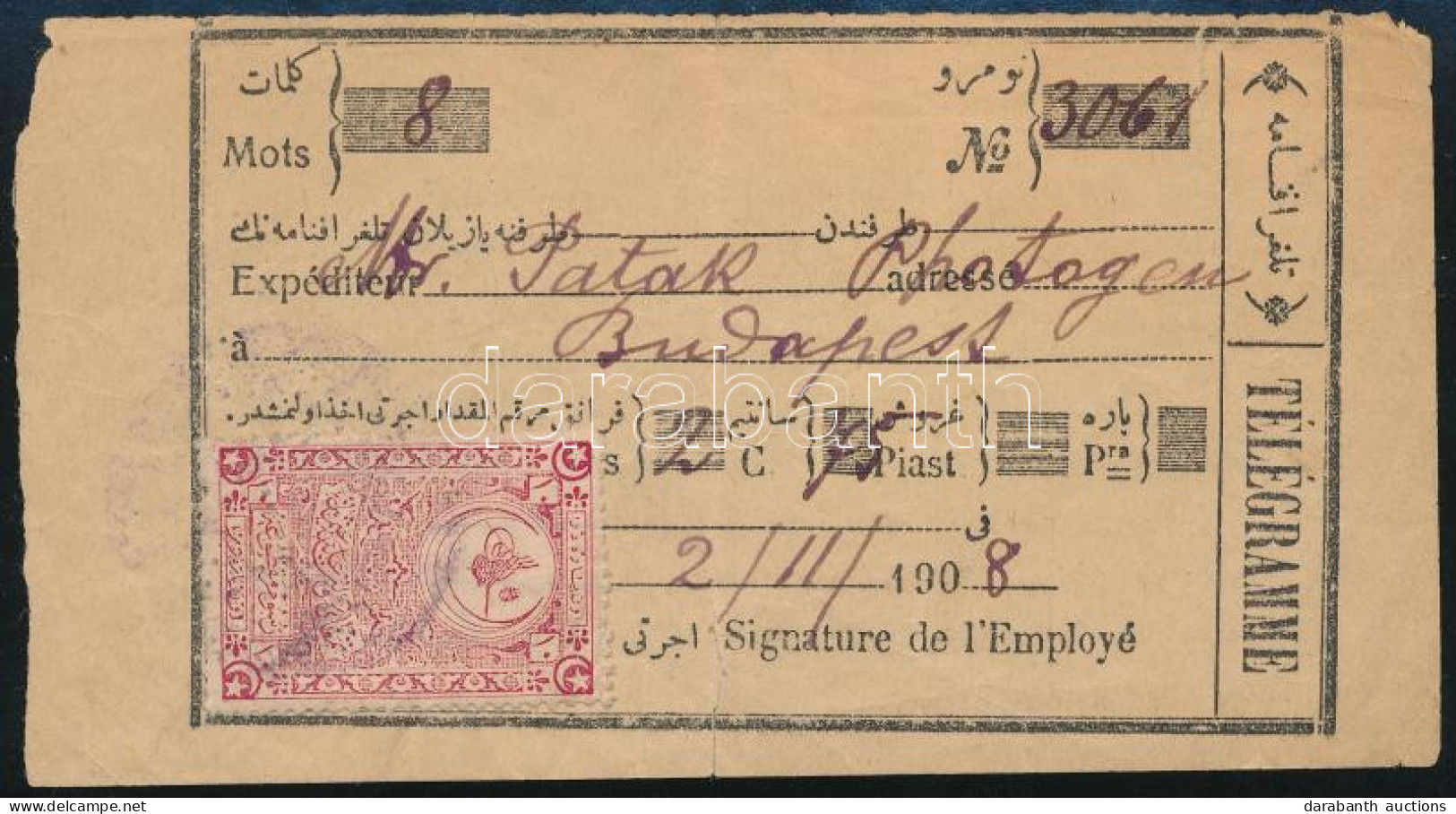 1908 Távirati Díjnyugta / Teleframm Fee Receipt - Andere & Zonder Classificatie