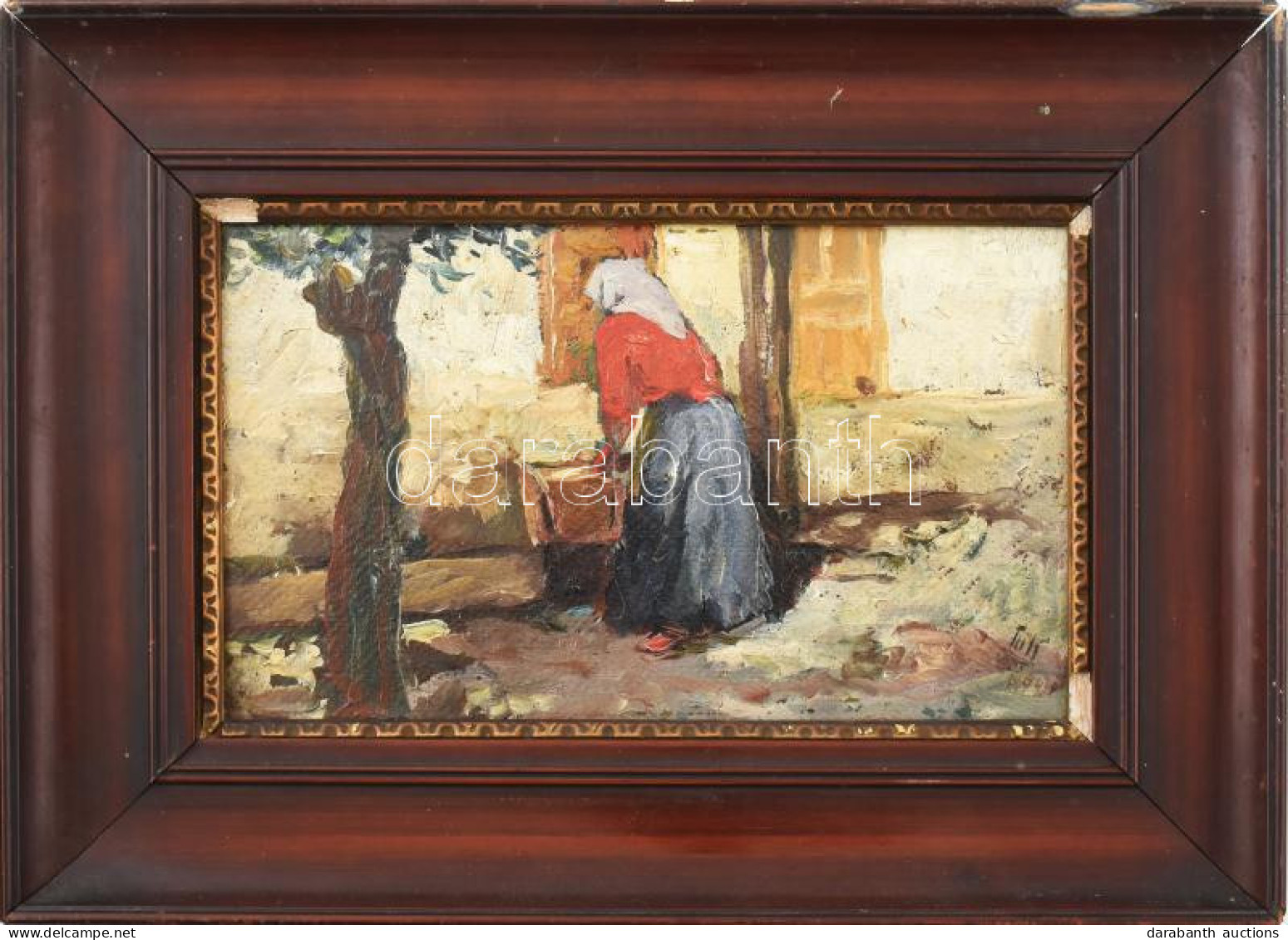 Tull Ödön (1870-1911): Udvaron, 1904. Olaj, Karton, Jelezve Jobbra Lent. Dekoratív, Sérült Fakeretben, 13×21,5 Cm - Other & Unclassified