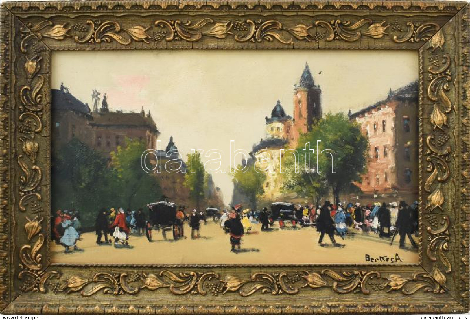 Berkes Antal (1874-1938): Nagyvárosi Forgatag. Olaj, Karton. Jelezve Jobbra Lent. 19,5x32,5 Cm. Dekoratív Fakeretben. /  - Autres & Non Classés