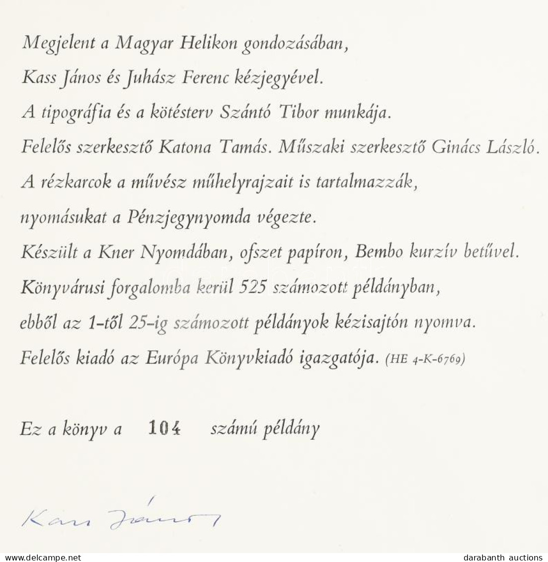 Kass János Tizenöt Rézkarca Az Ember Tragédiájához. (Előszó: Juhász Ferenc.) Bp., 1967, Magyar Helikon. (Kner Ny., Pénzj - Autres & Non Classés